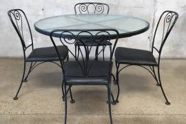 Vintage Black Wrought Iron Patio Table & Four Chairs