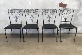 Vintage Black Wrought Iron Patio Table & Four Chairs
